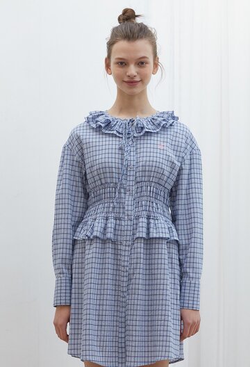 SHIRRING WAIST CHECK DRESS I BLUE