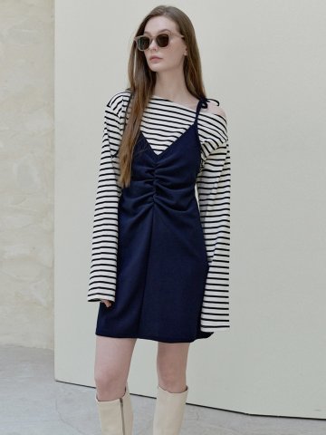 Navy Shirring Sleeveless Dress - navy