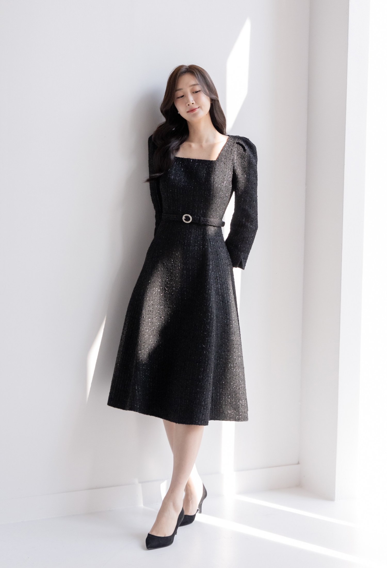 [밤비걸♥] Tweed Square-neck Flare Dress / Black(3color)