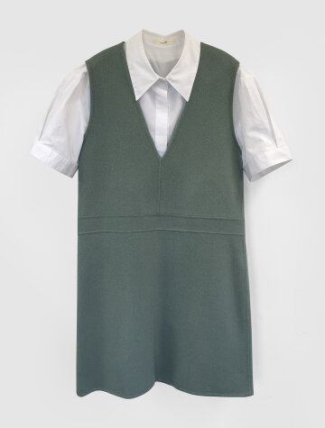 Handmade v-neck wool mini dress_ KHAKI GRAY