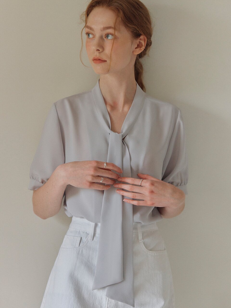 [7컬러] 반팔 타이 블라우스