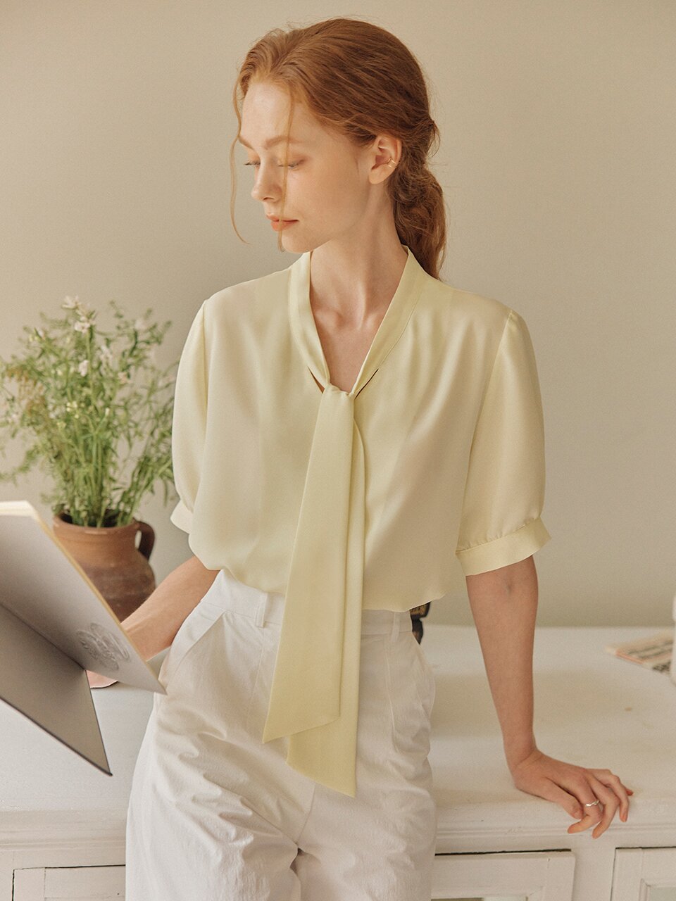 [7컬러] 반팔 타이 블라우스