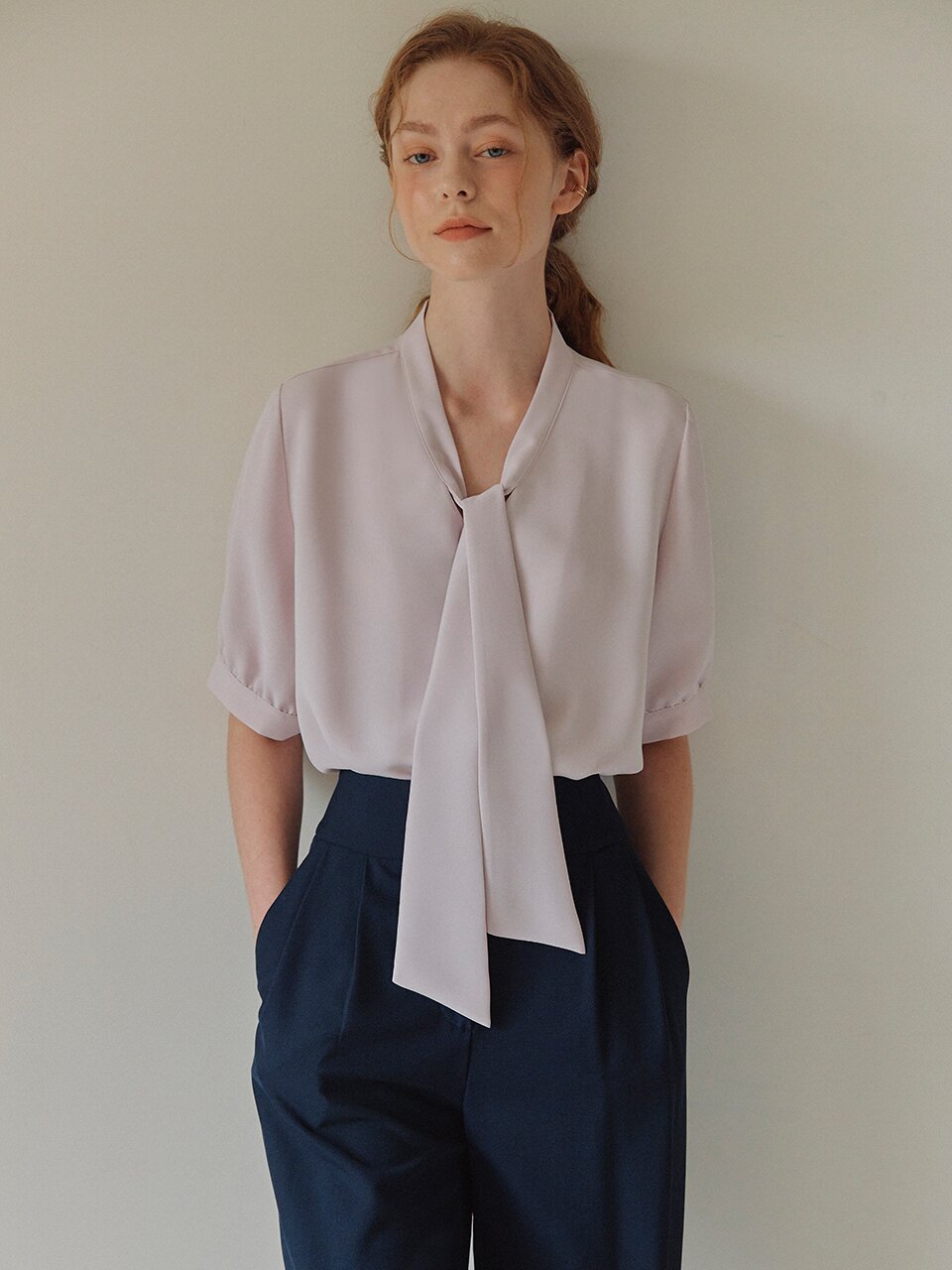 [7컬러] 반팔 타이 블라우스