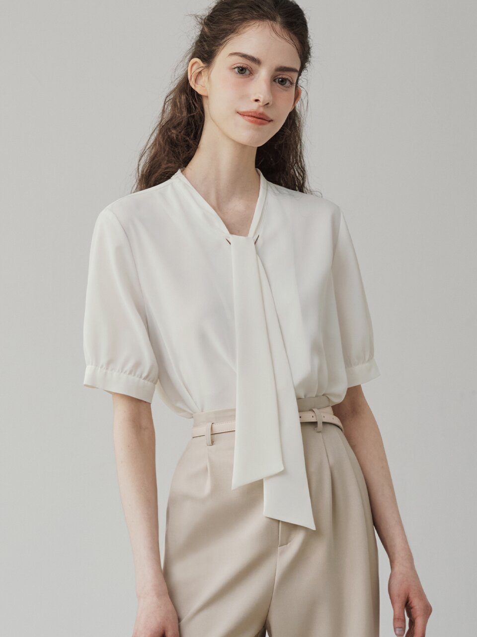 [7컬러] 반팔 타이 블라우스