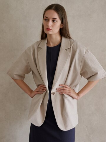 Linen Overfit Basic Tailored Jacket - Beige