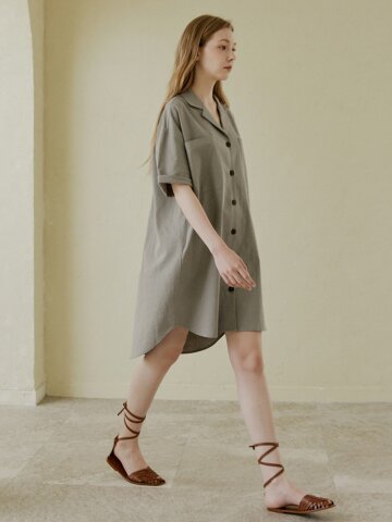 Oversized Boyfit Linen Shirt Dress - Khaki