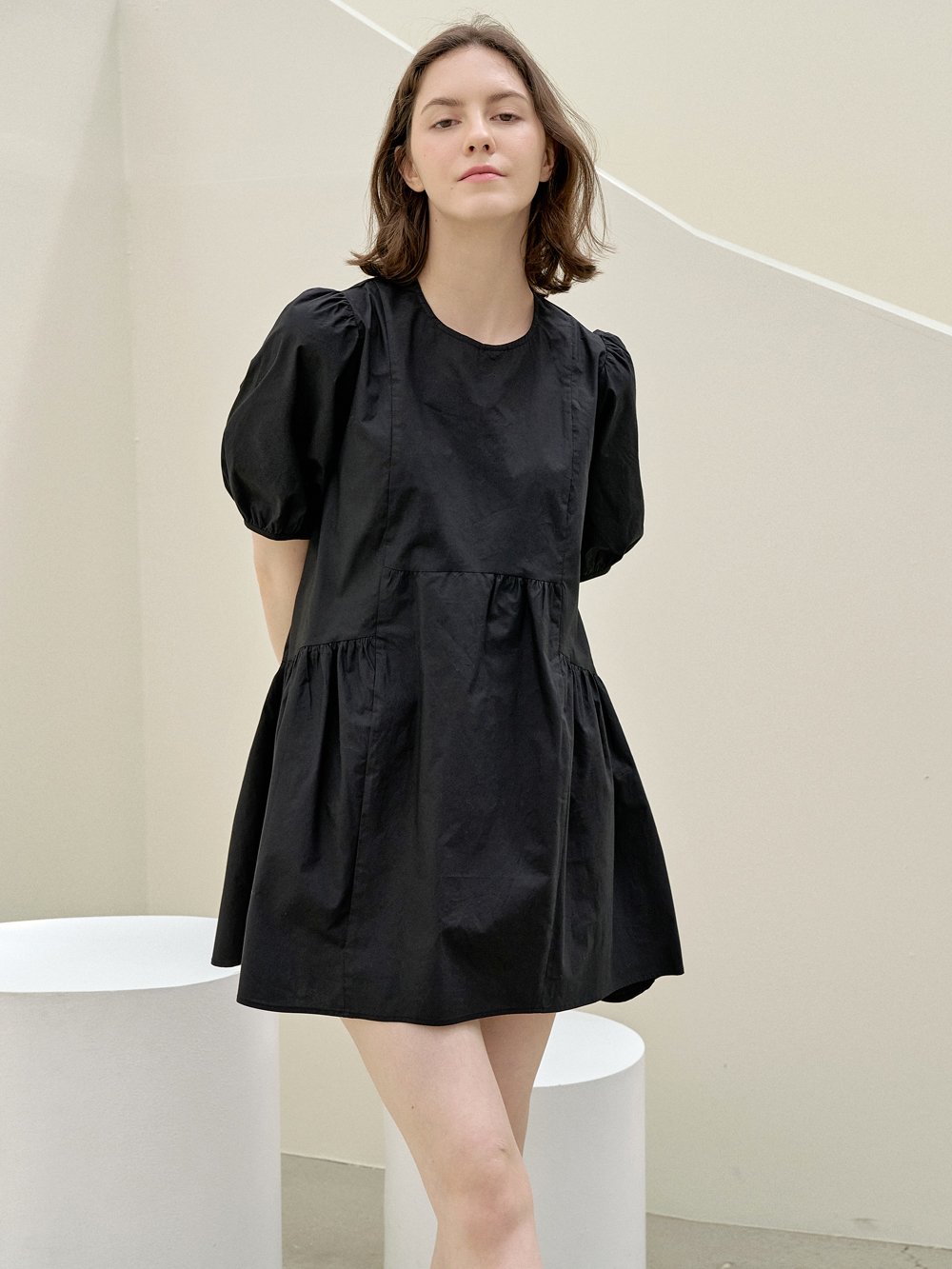 Puff Shirring Mini Dress - BLACK