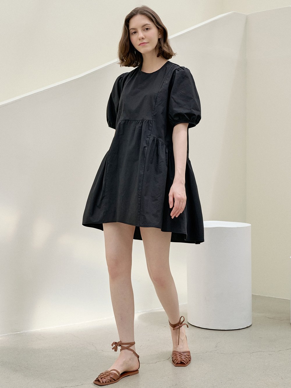 Puff Shirring Mini Dress - BLACK