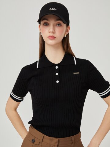 버튼업 배색 니트 티셔츠 (블랙)_L4A1-NB03K