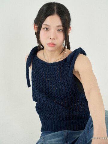 ribbon detail punching knit sleeveless_navy