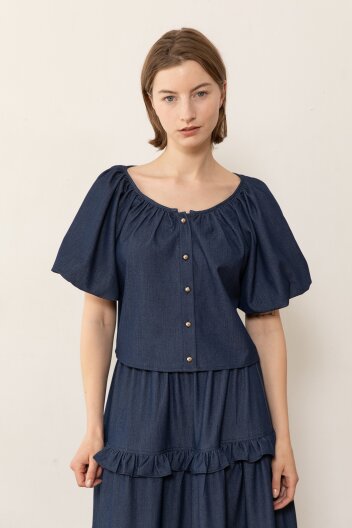 Balloon sleeve crop blouse - Indigo blue