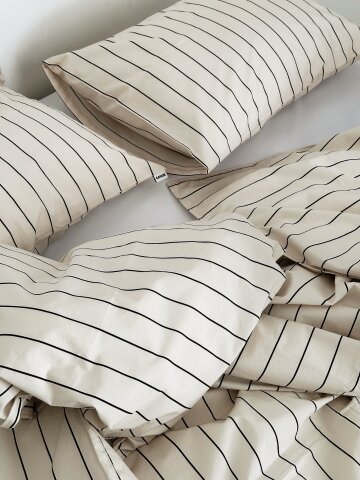60수 고밀도 바이오워싱 코튼 100% 베이지 & 블랙 스트라이프 이불 베개 커버 세트