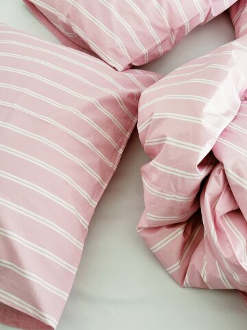 60수 고밀도 바이오워싱 코튼 100% 핑크 & 더블 화이트 스트라이프 이불 베개 커버 세트