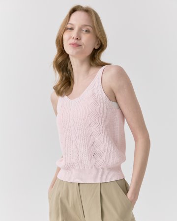 케이블 조직 라운드 니트 나시탑 [핑크]