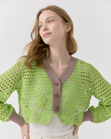 플라워 핸드메이드 크롭 니트 가디건 [그린]