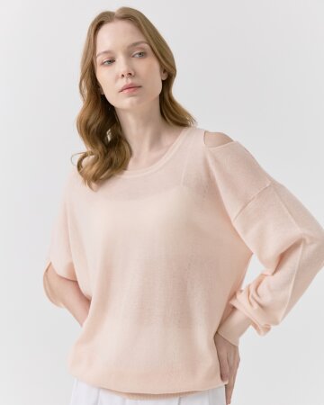 언밸런스 소매 니트 탑 [핑크]