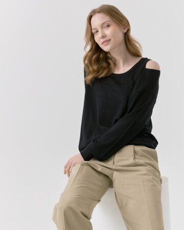 언밸런스 소매 니트 탑 [블랙]