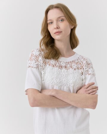 플라워 핸드메이드 라운드 니트 탑  [화이트]