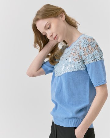 플라워 핸드메이드 라운드 니트 탑  [블루]