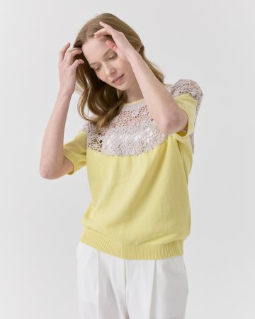 플라워 핸드메이드 라운드 니트 탑 [옐로우]