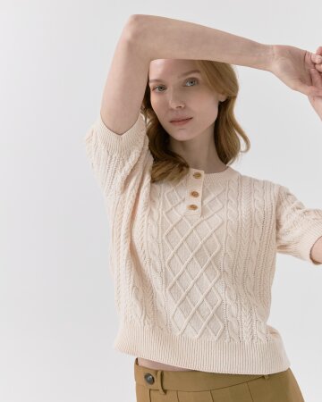 케이블조직 반팔 라운드 니트 탑 [살몬]