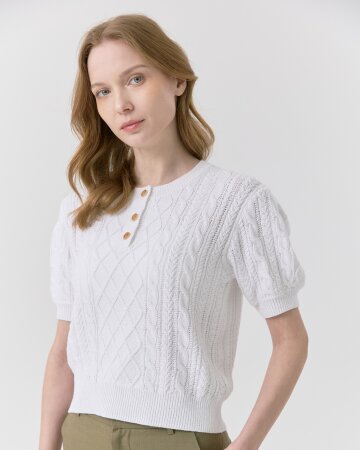 케이블조직 반팔 라운드 니트 탑 [화이트]