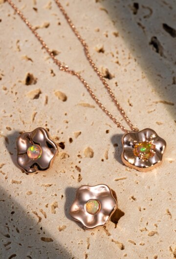 Organic Flower Opal Pendant Necklace, Earring Set