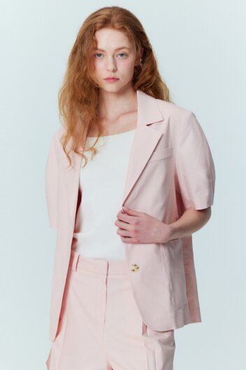 볼륨 슬리브 리넨 벨티드 자켓_핑크