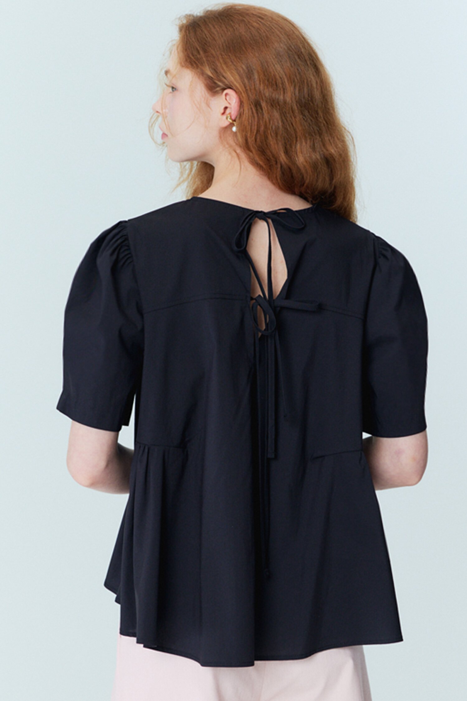 Back Ribbon Detail Peplum Blouse_Black