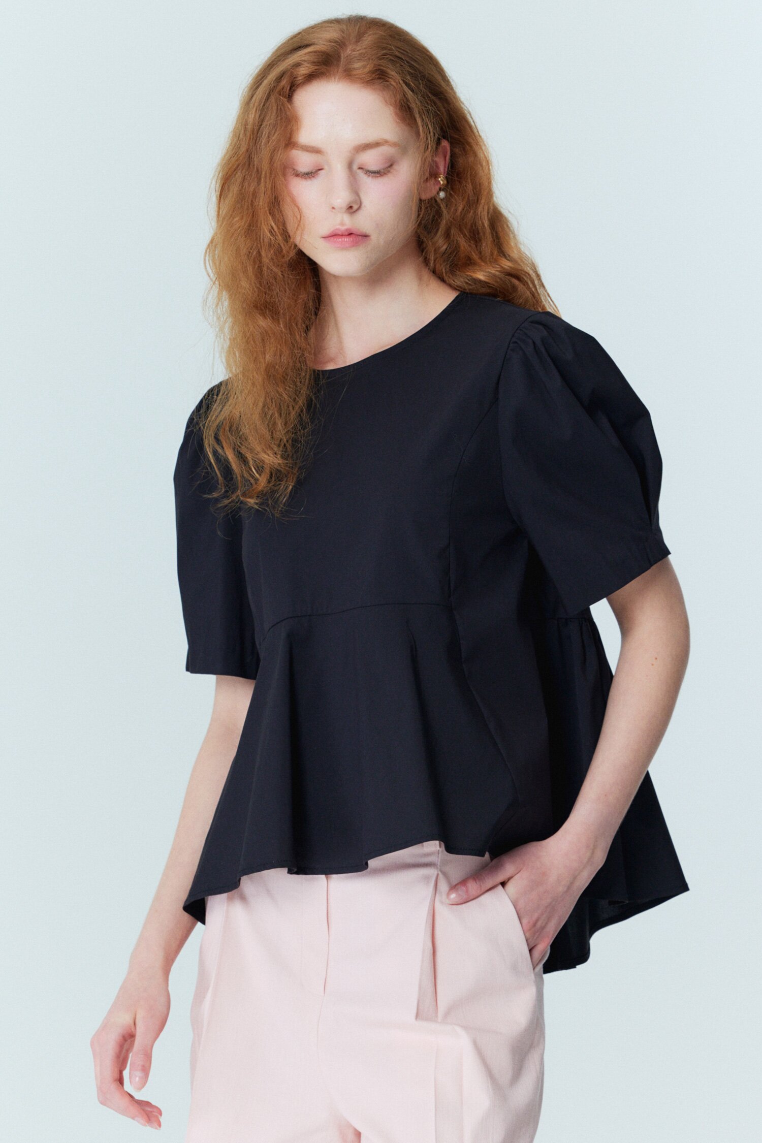 Back Ribbon Detail Peplum Blouse_Black