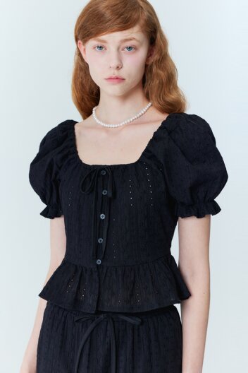 플라워 자수 퍼프소매 블라우스_블랙