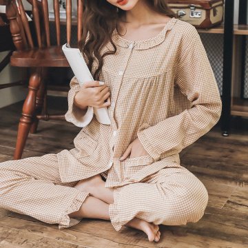 스테이 요루면 잔체크 프릴투피스 순면 긴팔 잠옷 홈웨어