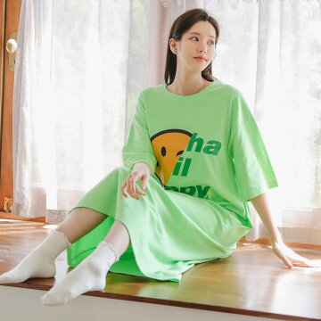 국산 해피스마일 반소매 롱원피스 홈웨어 4colors