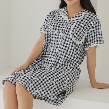 잔꽃 체크 셔츠 원피스 네이비
