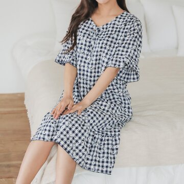 잔꽃 체크 리본 원피스 네이비