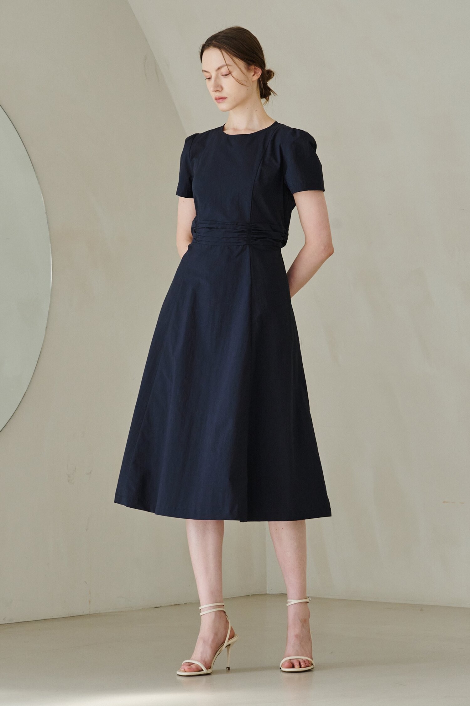 Round Neck Shirring Point Dress -  Navy