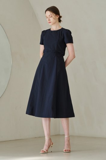 Round Neck Shirring Point Dress -  Navy