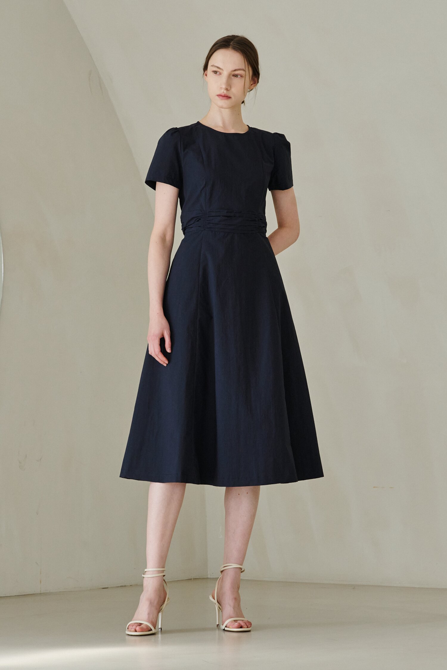 Round Neck Shirring Point Dress -  Navy