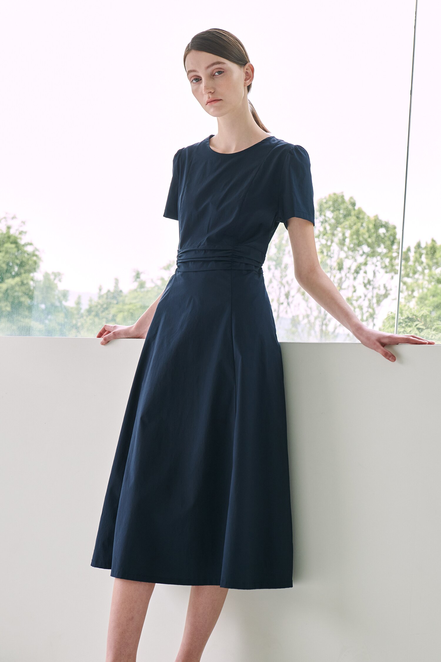 Round Neck Shirring Point Dress -  Navy