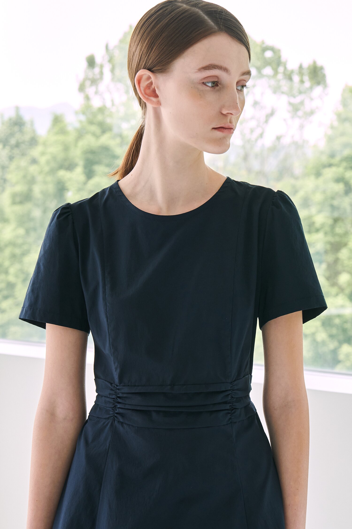Round Neck Shirring Point Dress -  Navy