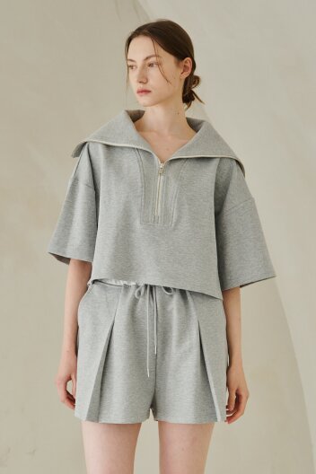 Wide Collar Half Sleeve T-Shirts Set Up - M.Gray