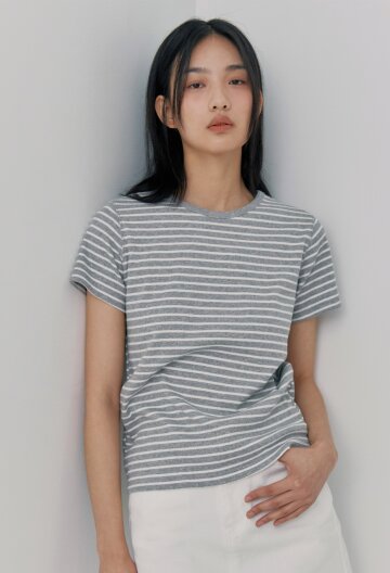 스트라이프 코튼 반팔티_그레이