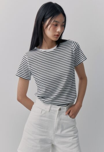 스트라이프 코튼 반팔티_아이보리
