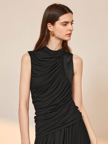YY_Pleated irregular top_BLACK