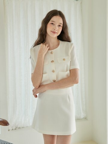 [SET] 써머 크롭 싱글 자켓 + 베이직 에이라인 미니 스커트 아이보리