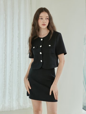 [SET] 써머 크롭 싱글 자켓 + 베이직 에이라인 미니 스커트 블랙