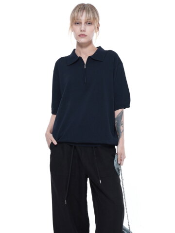 Zipper Collar Half Knit - Navy (W)