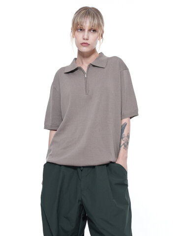 Zipper Collar Half Knit - Brown (W)