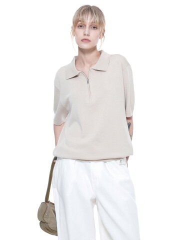 Zipper Collar Half Knit - Beige (W)