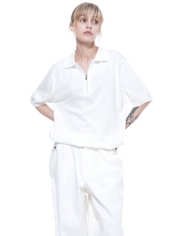 Zipper Collar Half Knit - White (W)